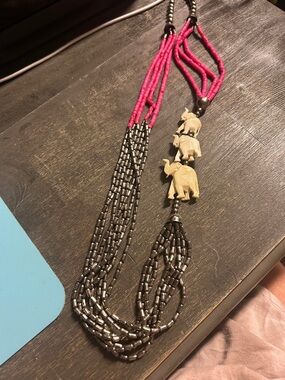 Carved Ox Bone Boho Elephant Pendant Multi-Strand Necklace in Hot Pink & Silver